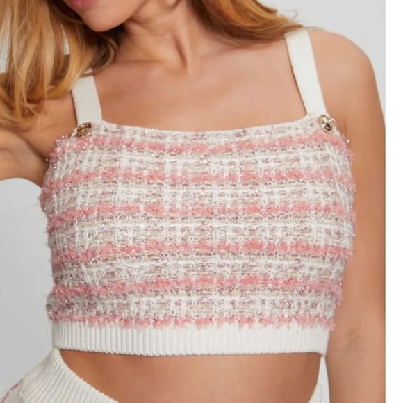 NWT GUESS Pink White Amy Tweed Cropped Tank Top Medium & Mini Skirt Small Set! - Picture 4 of 16